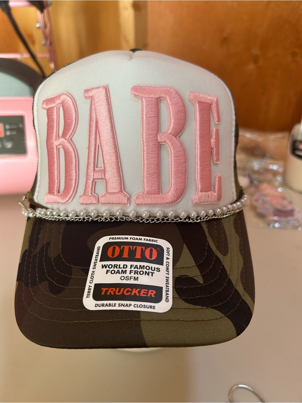 💕BABE 💕Pink White & Camo Trucker Hat with Pearls